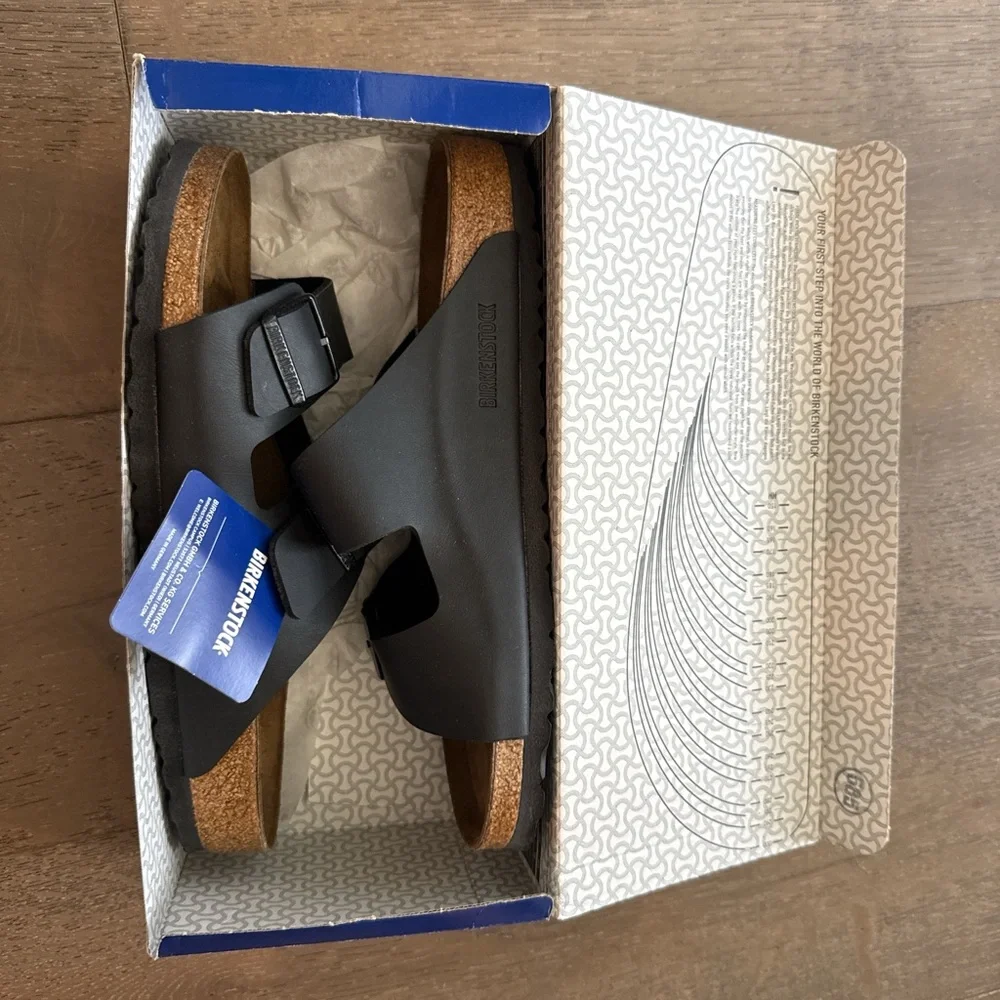 Birkenstock Men's Arizona Two-Strap Sandal in Black with Brown Footbed